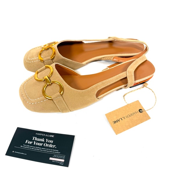 Harper & Lane Beige Suede Slingback Flats Gold Horsebit Low Heel Size 40 New - Picture 11 of 13